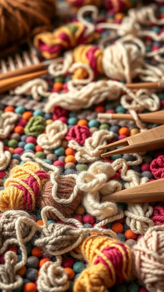 31+ Stunning Tufted Rug Designs You’ll Love 8 Colorful yarns and tufting tools scattered on a textured surface, showcasing the tufting process for rugs.