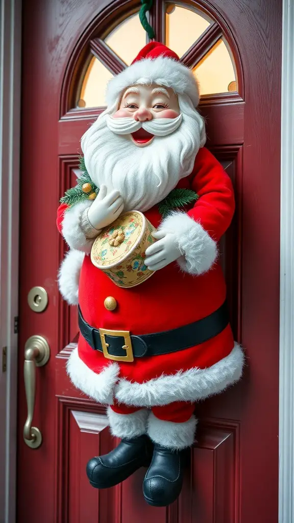 A cheerful Santa door hanger with a red suit and white beard, holding a festive container.