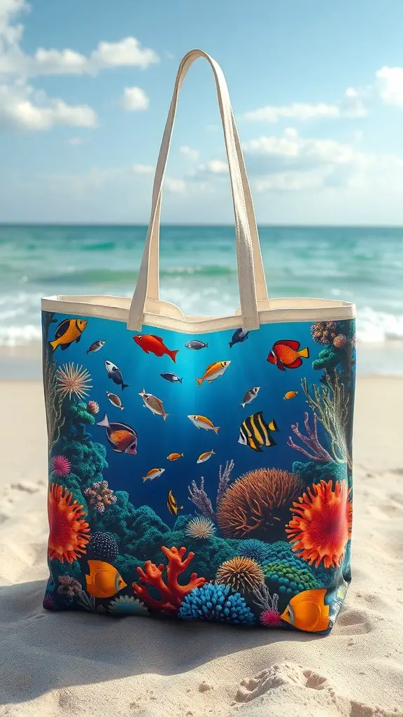 27+ Creative Tote Bag Painting Ideas You’ll Love 5 A tote bag featuring a vibrant underwater scene with colorful fish and coral reefs.