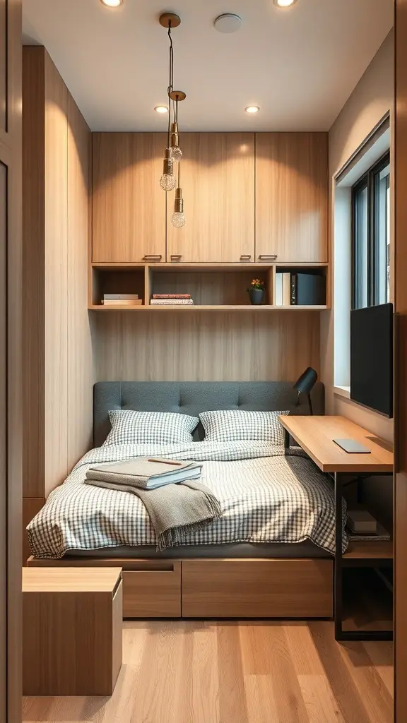 27+ Inspiring Small Bedroom Arrangement Ideas for Maximizing Space 5 A small bedroom featuring multi-functional furniture, including a bed with storage, a desk, and wall-mounted shelves.