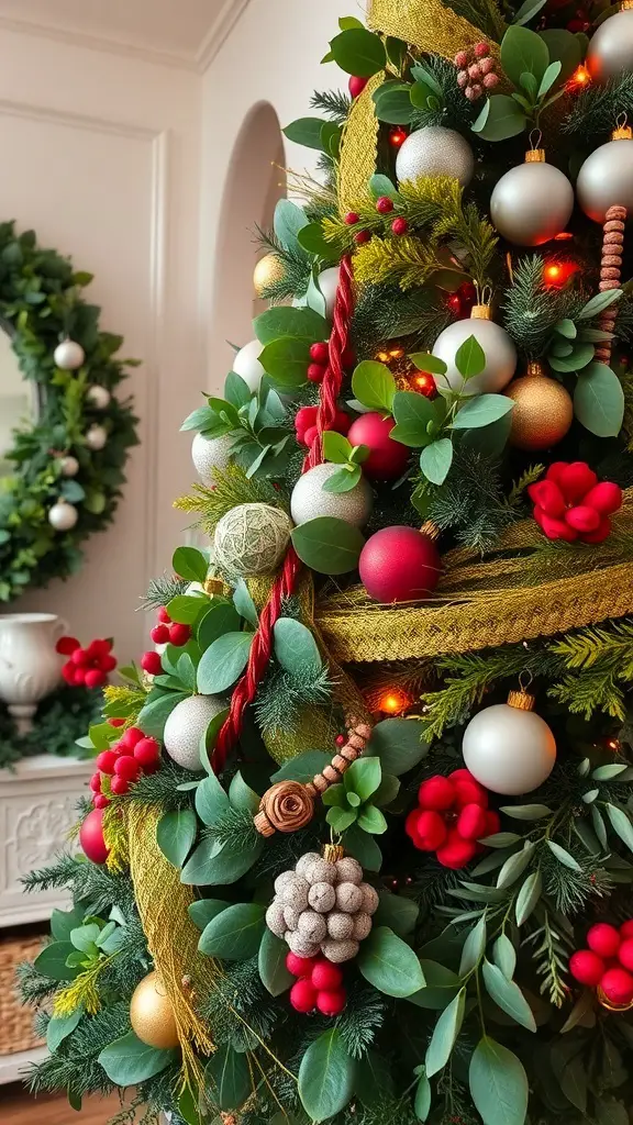 A beautifully decorated Christmas tree featuring fresh greenery, red berries, and elegant ornaments.