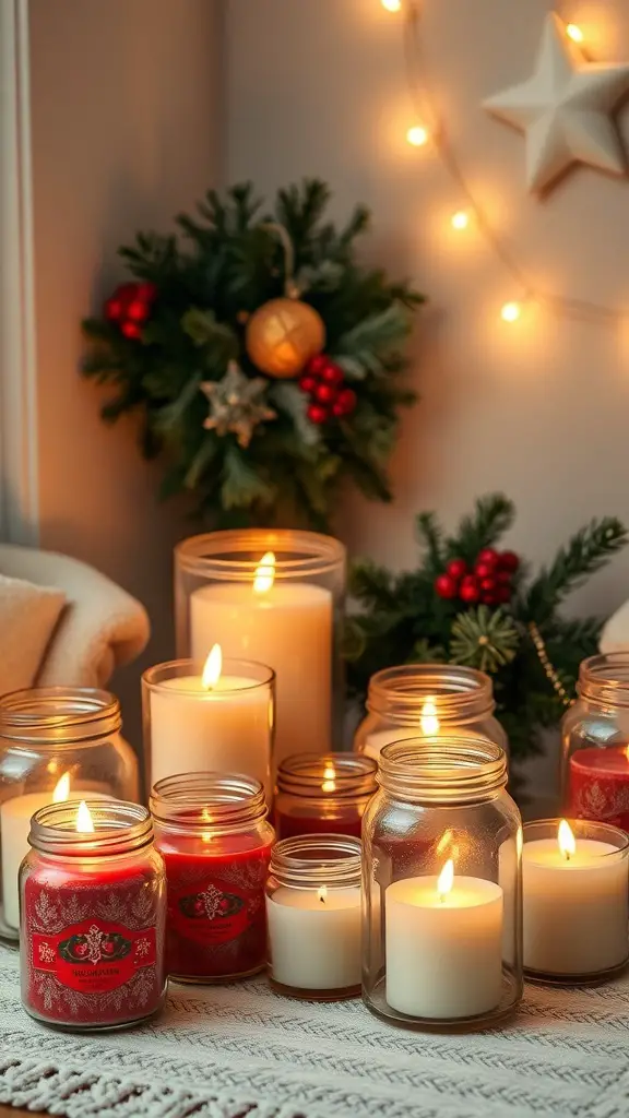 A cozy display of seasonal scented candles in various jars, with a festive wreath in the background.