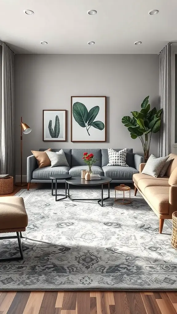 27+ Contemporary Rugs to Elevate Your Living Room Style 13 A modern living room featuring a stylish rug with subtle patterns, complemented by contemporary furniture and decor.