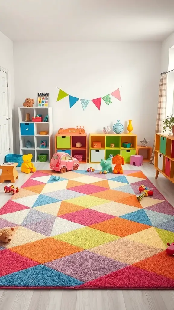 25+ Stunning Geometric Rug Designs for Your Home 2 A colorful geometric rug with diamond shapes in a playful room setting.