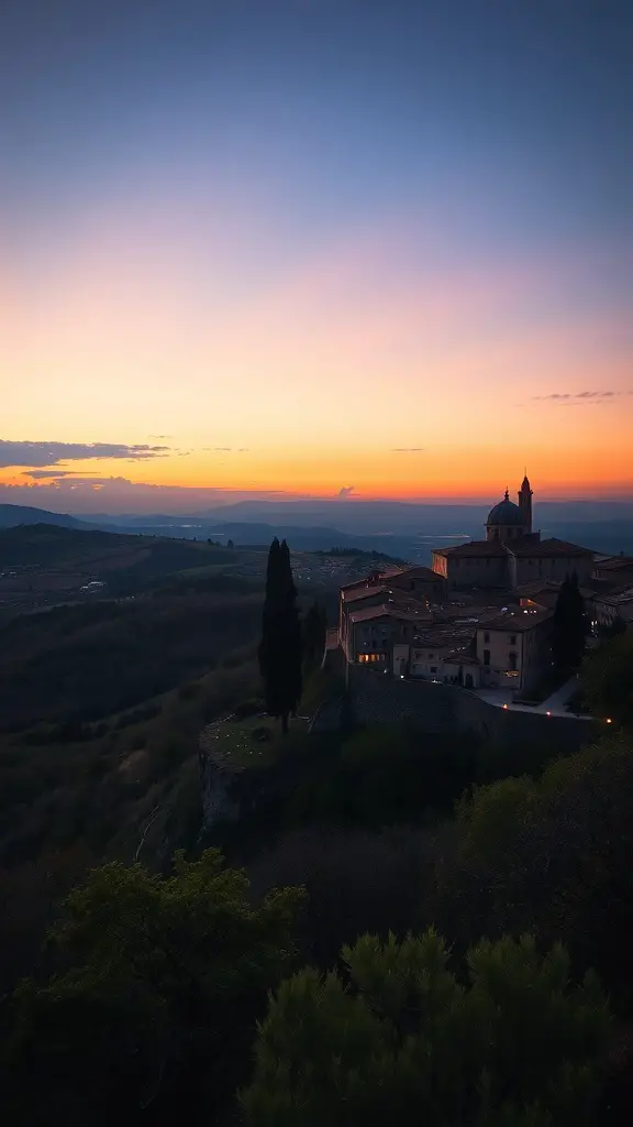 29+ Inspiring Tuscan Landscape Design Ideas You’ll Love 11 A picturesque view of a Tuscan hilltop village at sunset.