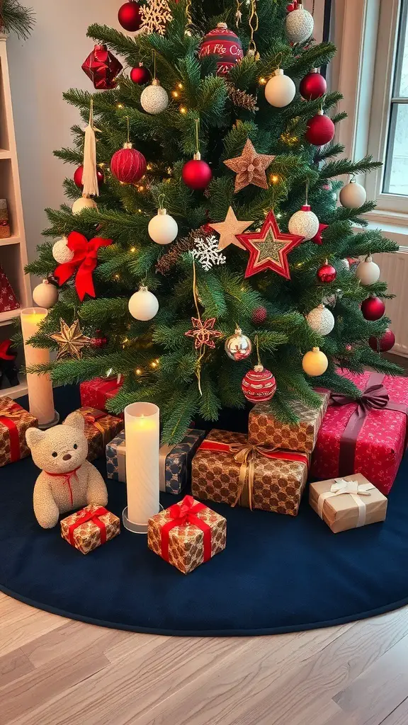 A beautifully decorated Christmas tree with a navy blue tree skirt, surrounded by colorful gifts.