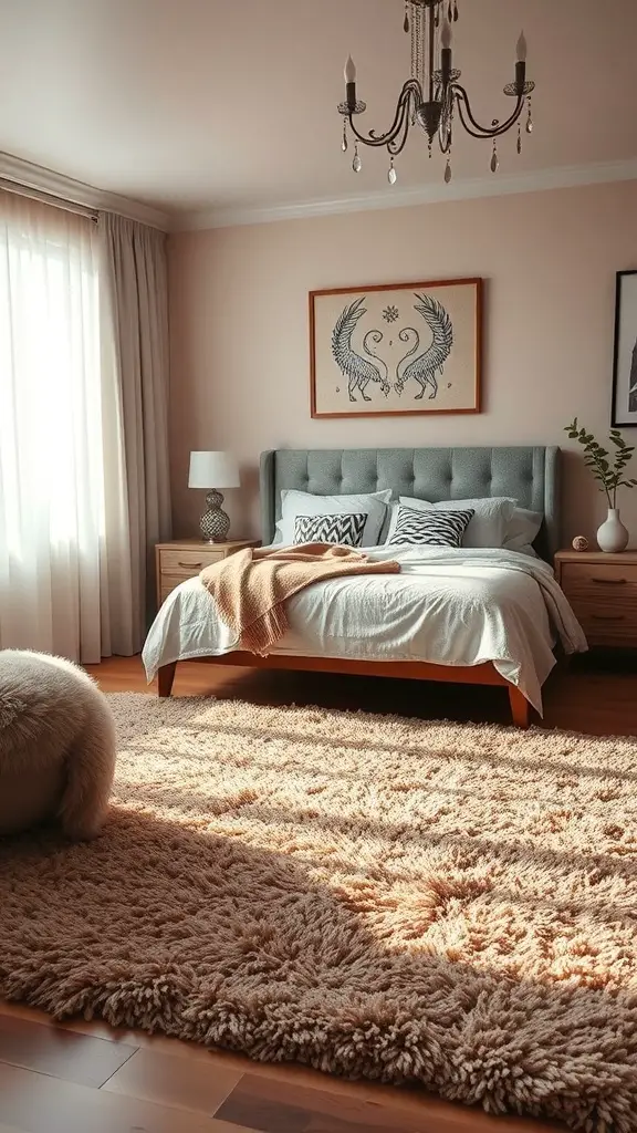 23+ Stunning Bedroom Rug Ideas to Transform Your Space 8 Cozy bedroom with a shag rug, soft bedding, and natural light