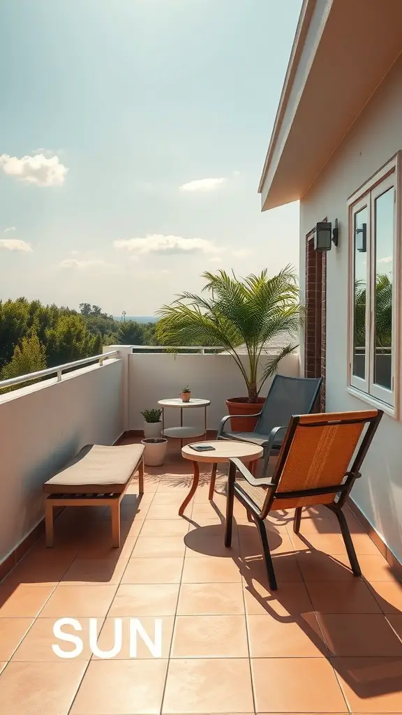 23+ Stunning Mediterranean Patio Ideas for Your Outdoor Oasis 10 A sunlit terrace with a lounge chair, sunbed, and potted plants.
