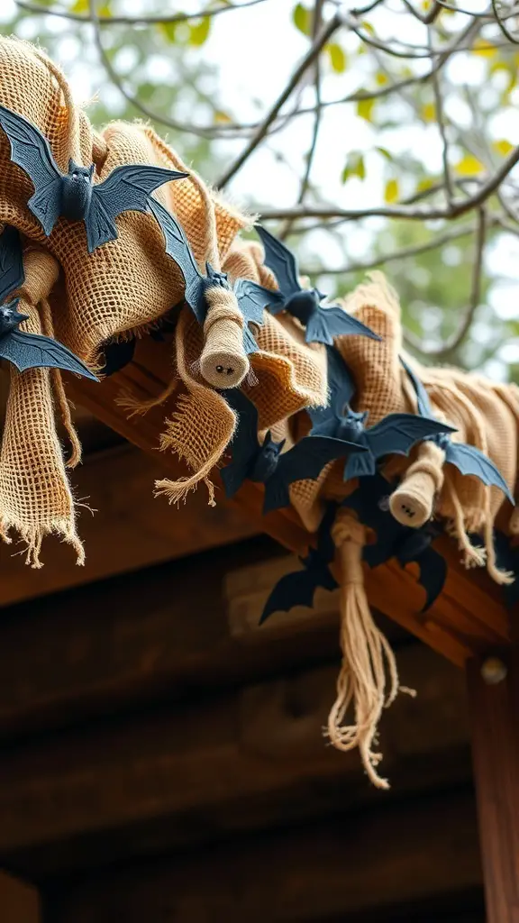 A rustic bat garland made of burlap and dark bats, hanging decoratively.