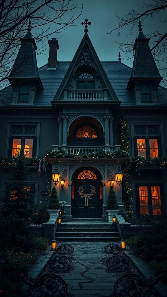Gothic mansion decorated for Christmas with warm lights and spooky vibes