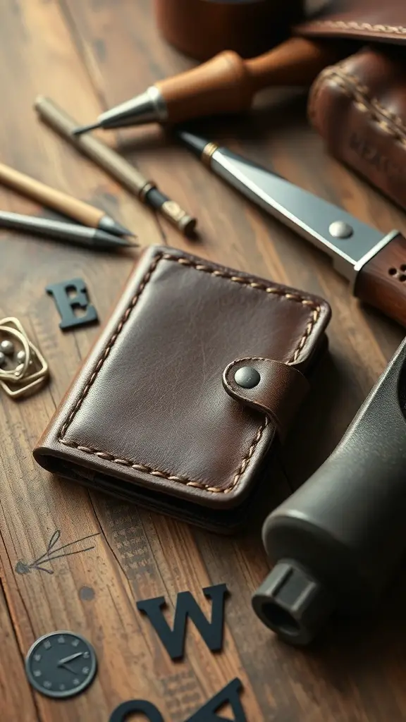 23+ Thoughtful Homemade Gift Ideas for Your Boyfriend 6 A brown leather wallet on a wooden table surrounded by crafting tools.