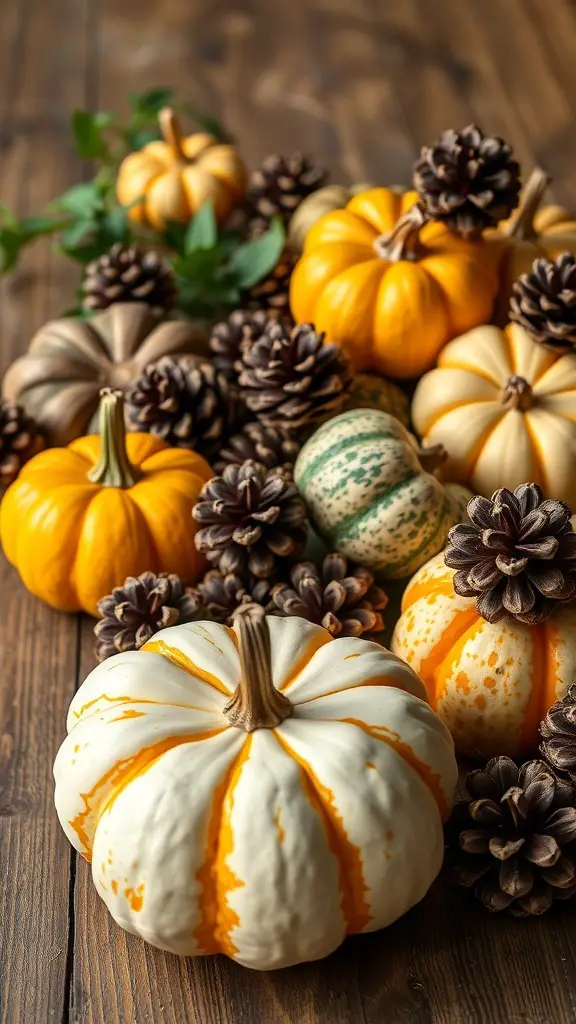 A collection of colorful gourds and pinecones arranged on a wooden surface.