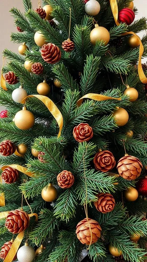 A beautifully decorated green and gold Christmas tree with pine cones and golden ornaments.