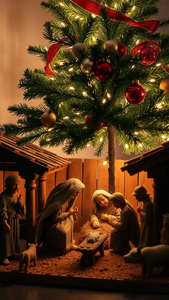 A nativity scene under a Christmas tree, featuring figures of Mary, Joseph, and baby Jesus, surrounded by animals and soft lights.