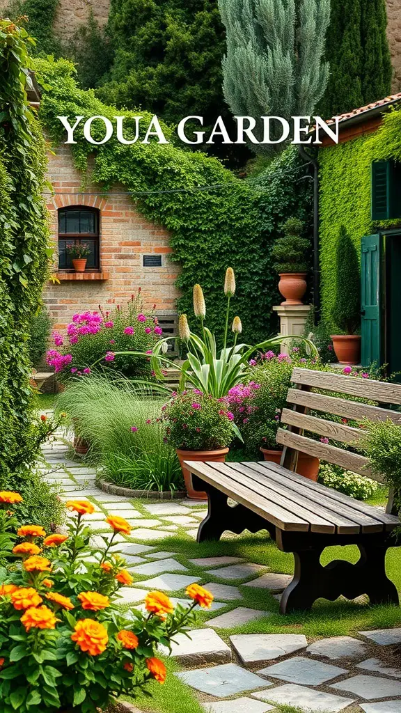 29+ Inspiring Tuscan Garden Ideas for Your Outdoor Oasis 5 A cozy seating area in a Tuscan garden with a wooden bench surrounded by colorful flowers and greenery.