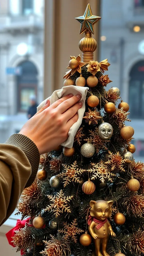 A hand cleaning a bronze Christmas tree with a cloth