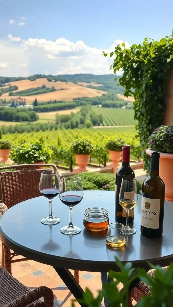 29+ Stunning Tuscan Patio Ideas for Your Outdoor Oasis 12 A table set for wine tasting on a Tuscan patio, featuring wine glasses and bottles with a scenic view of vineyards.