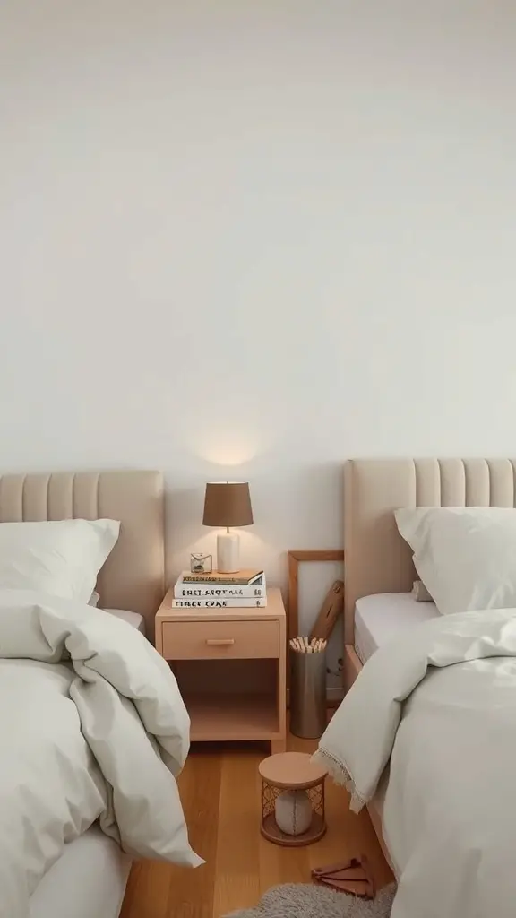 31+ Stylish Bedroom Ideas for Small Rooms 7 A cozy bedroom with two beds and compact nightstands, featuring soft bedding and a small lamp.