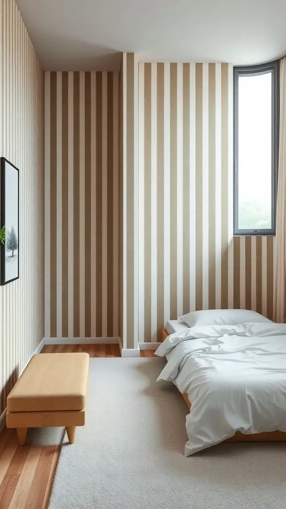 23+ Creative Small Long Bedroom Ideas for Stylish Spaces 13 Small bedroom with vertical striped walls and simple furniture