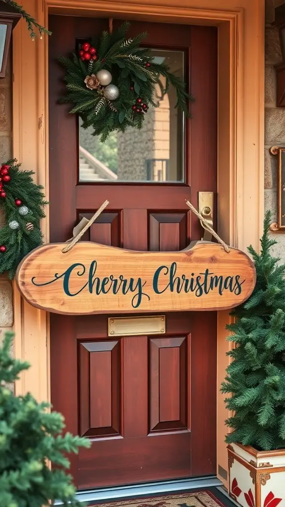 Rustic wooden sign saying 'Cherry Christmas' hanging on a door with holiday wreaths