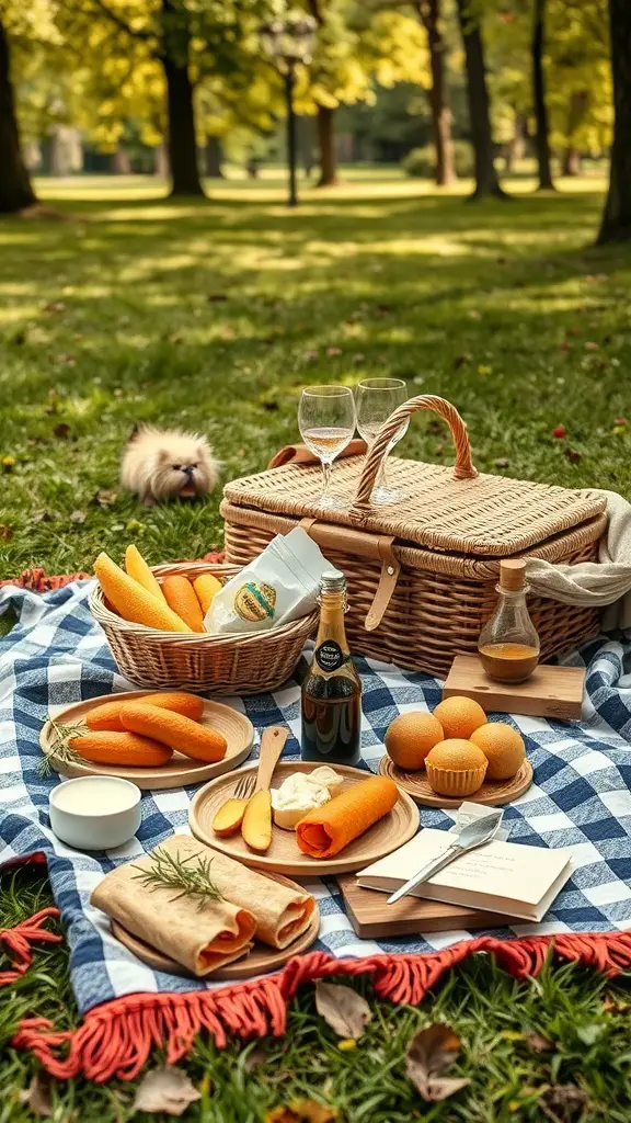 27+ Unique Wedding Gifts for Every Couple 13 A beautifully arranged outdoor picnic set with a wicker basket, glasses, and various snacks on a checkered blanket in a park.