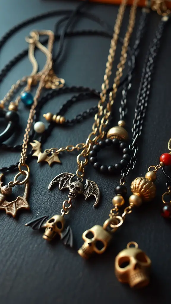 A collection of Halloween-themed jewelry including necklaces with charms like bats and skulls.