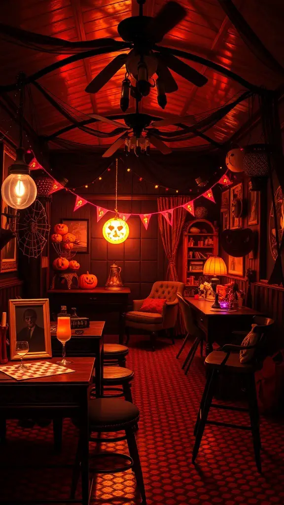 A cozy Halloween party setup with orange lighting, pumpkins, and festive decorations.
