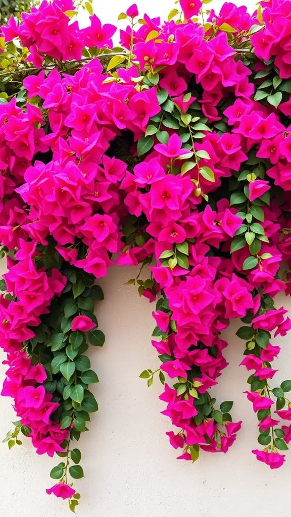 25+ Stunning Spanish Garden Hacienda Style Ideas to Transform Your Outdoor Space 9 Cascading bougainvillea flowers in vibrant pink with green leaves