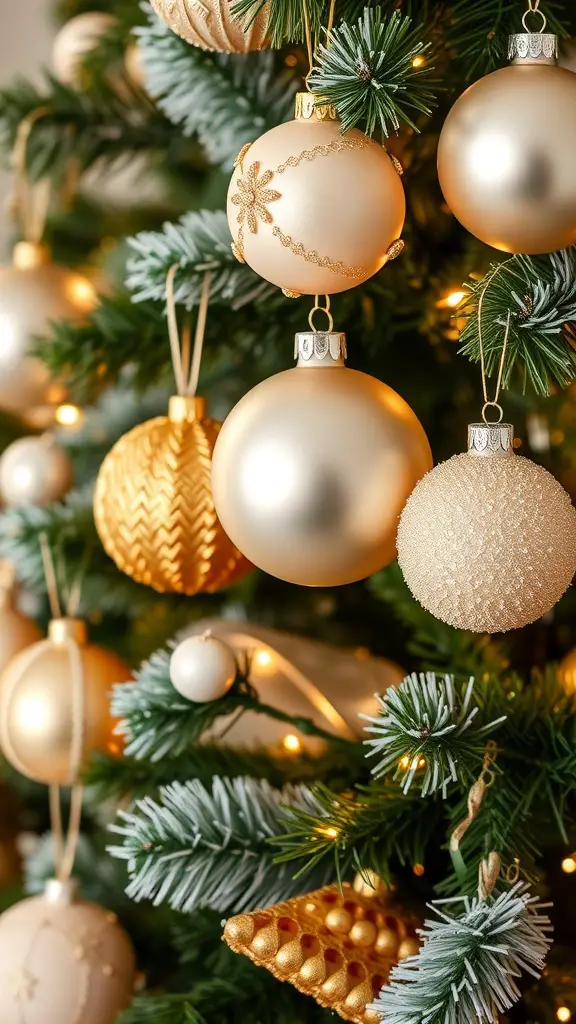 Close-up of cream and gold Christmas ornaments on a tree
