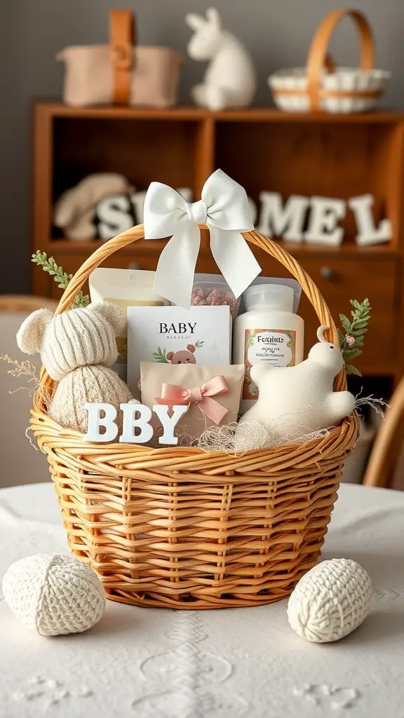 A beautifully arranged baby shower gift basket filled with soft toys, baby care products, and a sign that says 'BBY.'