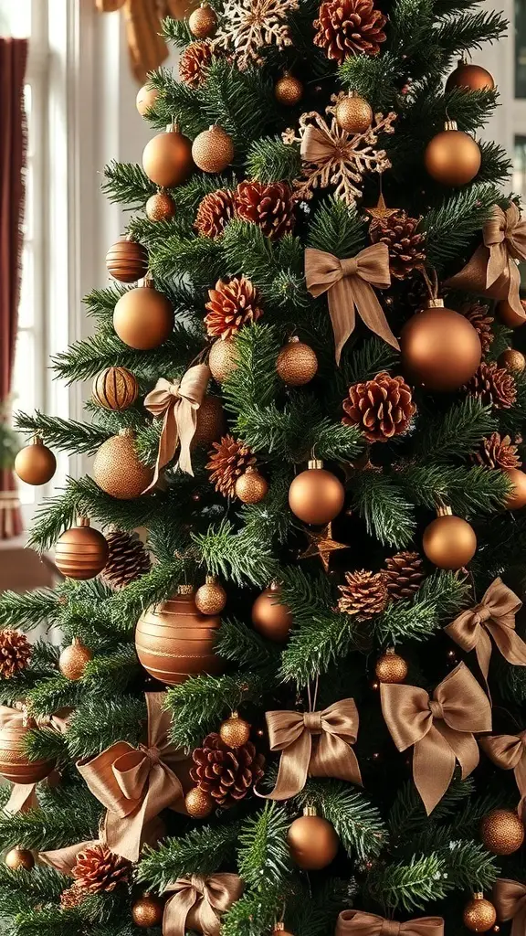 A Christmas tree decorated with vintage brown ornaments, pinecones, and soft bows.