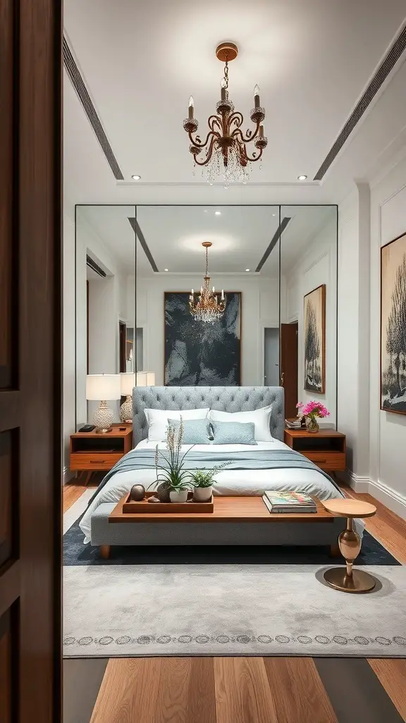 A small master bedroom featuring a king bed, large mirror, and elegant decor.