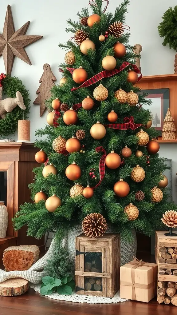 A beautifully decorated Christmas tree with copper ornaments and pine green accents, surrounded by rustic wooden crates and gifts.
