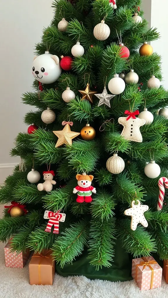 A green velvet Christmas tree decorated with handmade ornaments and wrapped gifts underneath.