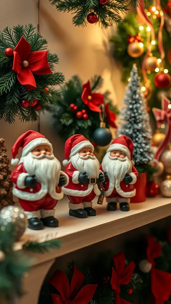 Three classic Santa Claus figurines surrounded by holiday decorations