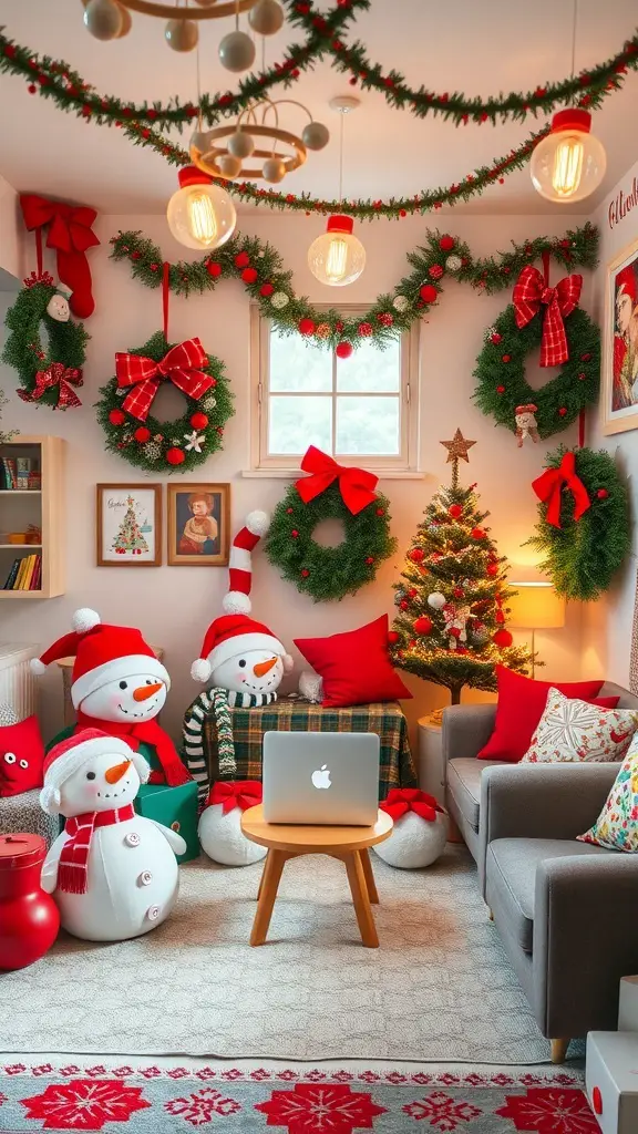 A cozy room decorated for Christmas with snowmen, wreaths, and a Christmas tree.