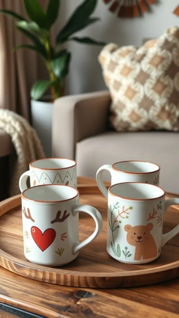 A set of custom painted mugs with festive designs on a wooden tray.