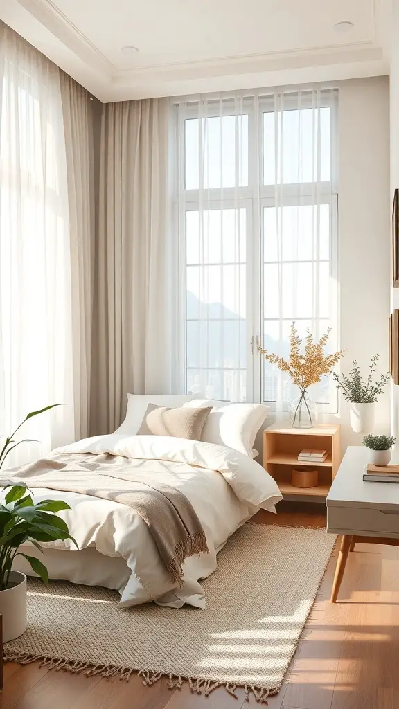 25+ Adorable Small Bedroom Ideas for a Cozy Retreat 16 A bright small bedroom with large windows, light curtains, and plants, showcasing natural light enhancement techniques.