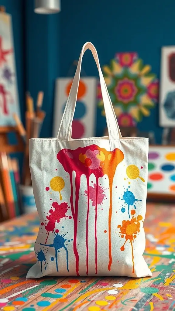 27+ Creative Tote Bag Painting Ideas You’ll Love 6 A tote bag with colorful paint splashes on a table with art supplies in the background.