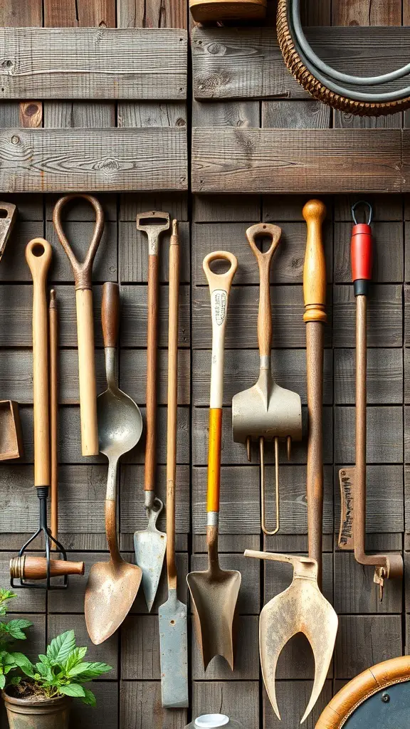 A collection of vintage garden tools displayed on a wooden wall.