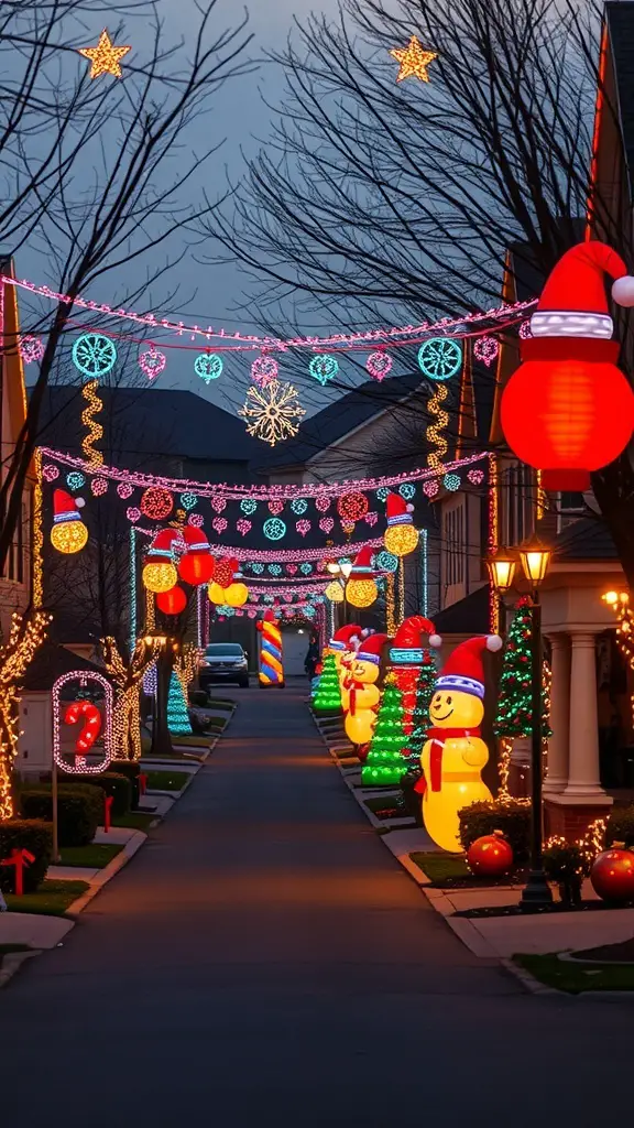 A festive street decorated with colorful Christmas lights and inflatable decorations, including snowmen and Christmas trees.