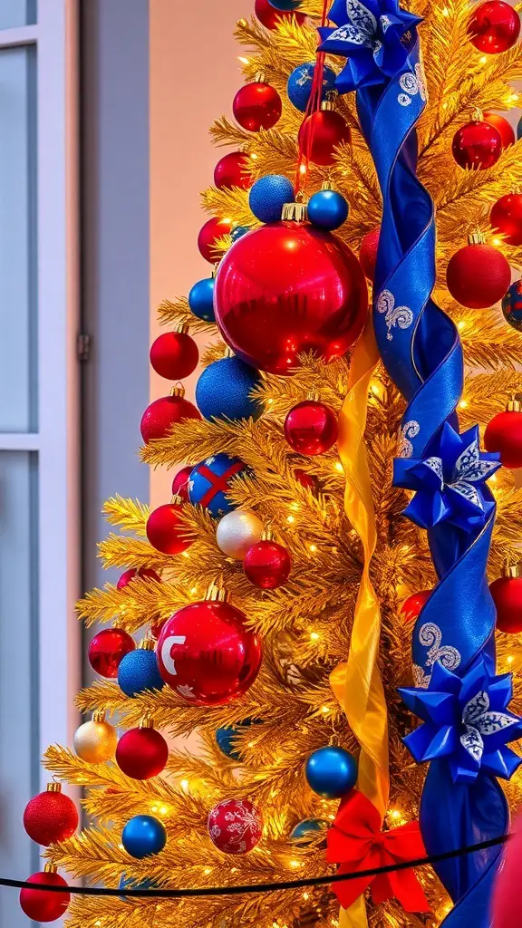 A golden Christmas tree decorated with red and blue ornaments and ribbons.