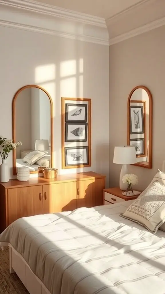 27+ Charming Small Master Room Ideas for Cozy Living 5 A small master room featuring two mirrors, warm lighting, and stylish decor.