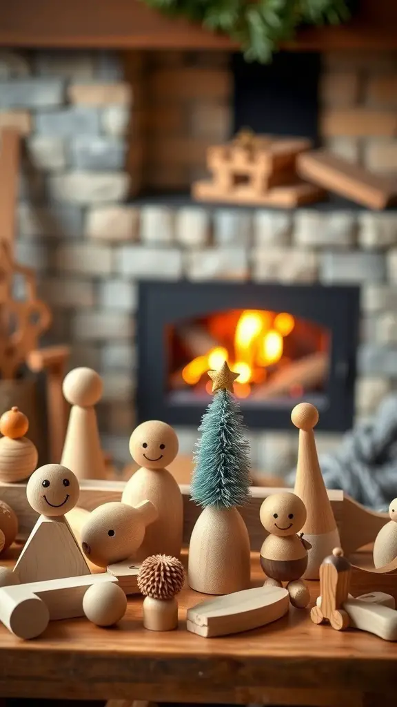 A collection of crafted wooden toys displayed in front of a cozy fireplace.