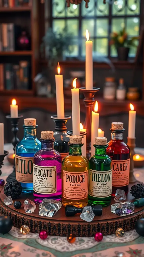 Colorful potion bottles arranged as a centerpiece with candles and decorative elements.