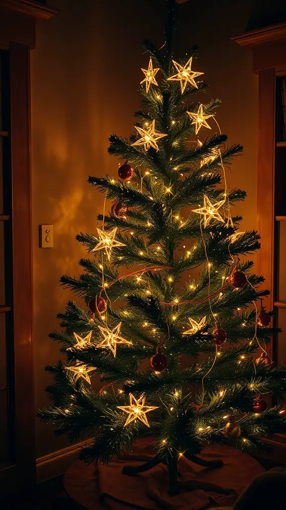 A rustic Christmas tree decorated with twinkling fairy lights and star-shaped ornaments.