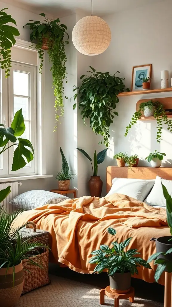 27+ Inspiring Spanish Mediterranean Bedroom Ideas for Your Home 9 A cozy bedroom with indoor plants, featuring a bed with an orange blanket and various green plants in pots.