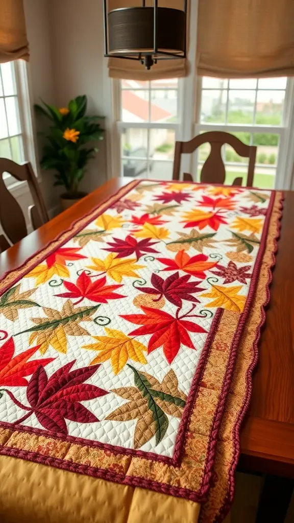 A quilted table runner featuring colorful autumn leaves on a wooden dining table.