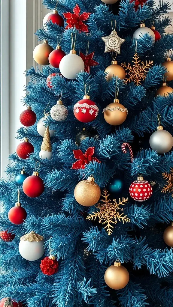 A beautifully decorated blue Christmas tree with colorful ornaments.
