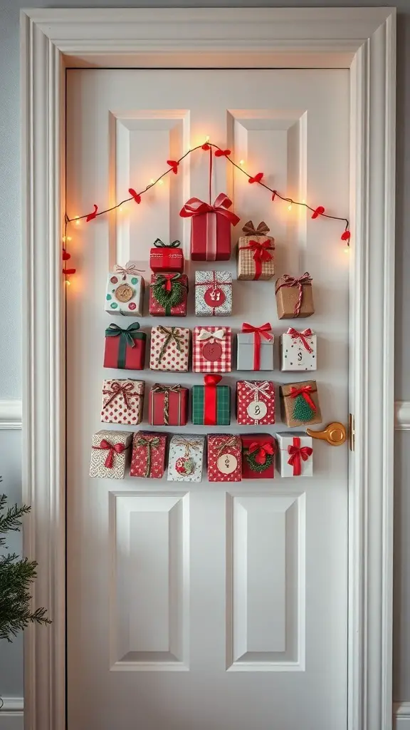 A door decorated with a DIY advent calendar made of small gift boxes and fairy lights.